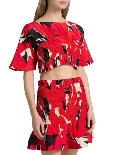 AMUR Women's Elle Smocked Cotton-Silk Crop Top - Red Bloom | Thumbnail 4 AMUR Women's Elle Smocked Cotton-Silk Crop Top - Red Bloom | Thumbnail 4