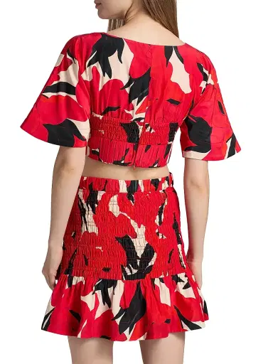 AMUR Women's Elle Smocked Cotton-Silk Crop Top - Red Bloom | Thumbnail 5 AMUR Women's Elle Smocked Cotton-Silk Crop Top - Red Bloom | Thumbnail 5