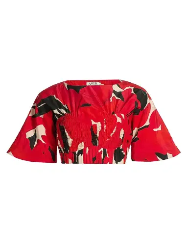 AMUR Women's Elle Smocked Cotton-Silk Crop Top - Red Bloom | Thumbnail 1 AMUR Women's Elle Smocked Cotton-Silk Crop Top - Red Bloom | Thumbnail 1