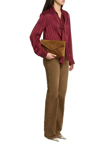 Saint Laurent Women's Cassandre Large Envelope Pouch in Suede - Caramel Cognac | Thumbnail 2 Saint Laurent Women's Cassandre Large Envelope Pouch in Suede - Caramel Cognac | Thumbnail 2