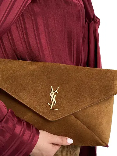 Saint Laurent Women's Cassandre Large Envelope Pouch in Suede - Caramel Cognac | Thumbnail 3 Saint Laurent Women's Cassandre Large Envelope Pouch in Suede - Caramel Cognac | Thumbnail 3