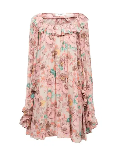 Chloé Women's Floral Silk Frill Minidress - Muddy Grey | Thumbnail 1 Chloé Women's Floral Silk Frill Minidress - Muddy Grey | Thumbnail 1