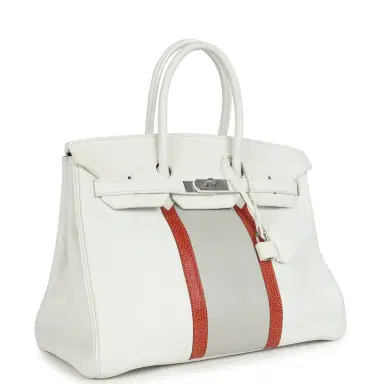 HERMÈS Pre-owned Hermes Birkin Club 35 White and Gris Perle Clemence and Sanguine Lizard Palladium Hardware | Thumbnail 2 HERMÈS Pre-owned Hermes Birkin Club 35 White and Gris Perle Clemence and Sanguine Lizard Palladium Hardware | Thumbnail 2