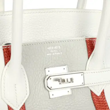 HERMÈS Pre-owned Hermes Birkin Club 35 White and Gris Perle Clemence and Sanguine Lizard Palladium Hardware | Thumbnail 7 HERMÈS Pre-owned Hermes Birkin Club 35 White and Gris Perle Clemence and Sanguine Lizard Palladium Hardware | Thumbnail 7