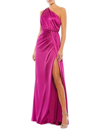 Mac Duggal Women's Gathered Satin One-Shoulder Gown - Berry - Size 14 | Thumbnail 1 Mac Duggal Women's Gathered Satin One-Shoulder Gown - Berry - Size 14 | Thumbnail 1