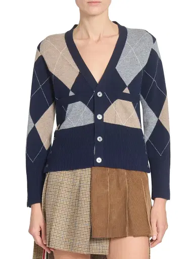 Thom Browne Women's Argyle V-Neck Cashmere Cardigan - Navy | Thumbnail 3 Thom Browne Women's Argyle V-Neck Cashmere Cardigan - Navy | Thumbnail 3