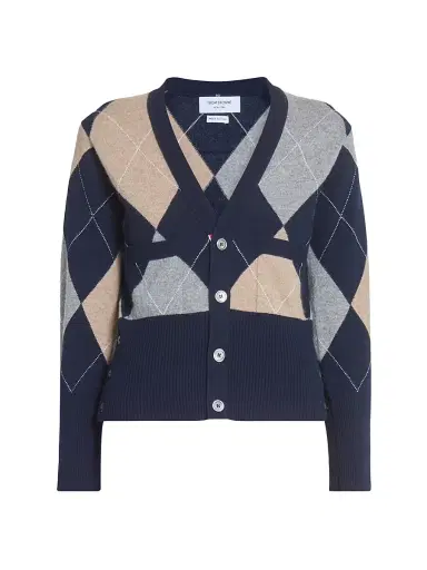 Thom Browne Women's Argyle V-Neck Cashmere Cardigan - Navy | Thumbnail 1 Thom Browne Women's Argyle V-Neck Cashmere Cardigan - Navy | Thumbnail 1