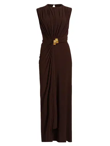 Brandon Maxwell Women's The Serena Cinched Knit Jesery Maxi Dress - Espresso Gold | Thumbnail 1 Brandon Maxwell Women's The Serena Cinched Knit Jesery Maxi Dress - Espresso Gold | Thumbnail 1