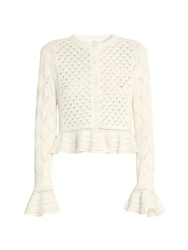 Women's Pointelle Cotton-Wool Peplum Cardigan - Iconic Milk Women's Pointelle Cotton-Wool Peplum Cardigan - Iconic Milk