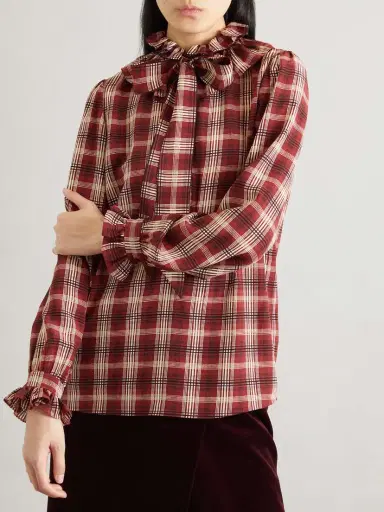 Saint Laurent Pussy-bow Ruched Checked Silk Blouse | Thumbnail 3 Saint Laurent Pussy-bow Ruched Checked Silk Blouse | Thumbnail 3