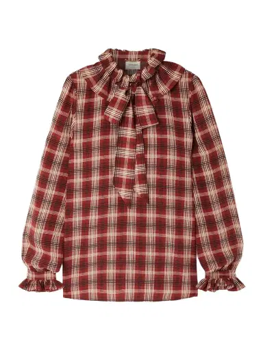 Saint Laurent Pussy-bow Ruched Checked Silk Blouse | Thumbnail 1 Saint Laurent Pussy-bow Ruched Checked Silk Blouse | Thumbnail 1