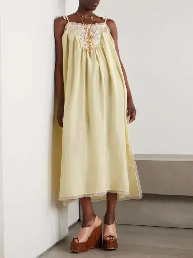 Chloé Gathered Lace-trimmed Silk-habotai Midi Dress | Thumbnail 2 Chloé Gathered Lace-trimmed Silk-habotai Midi Dress | Thumbnail 2