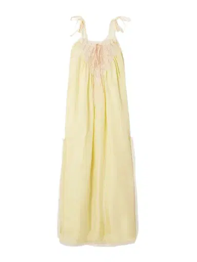 Chloé Gathered Lace-trimmed Silk-habotai Midi Dress | Thumbnail 1 Chloé Gathered Lace-trimmed Silk-habotai Midi Dress | Thumbnail 1
