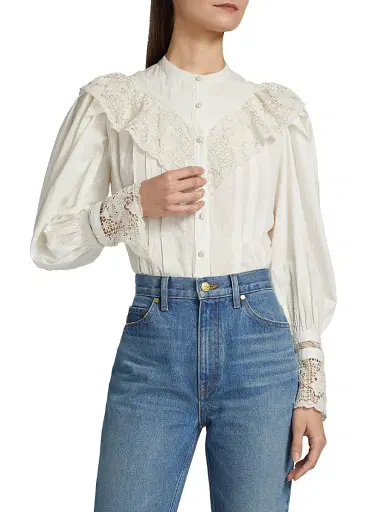 Ulla Johnson Women's Esther Pleated Lace-Trim Cotton Blouse - Pristine | Thumbnail 3 Ulla Johnson Women's Esther Pleated Lace-Trim Cotton Blouse - Pristine | Thumbnail 3
