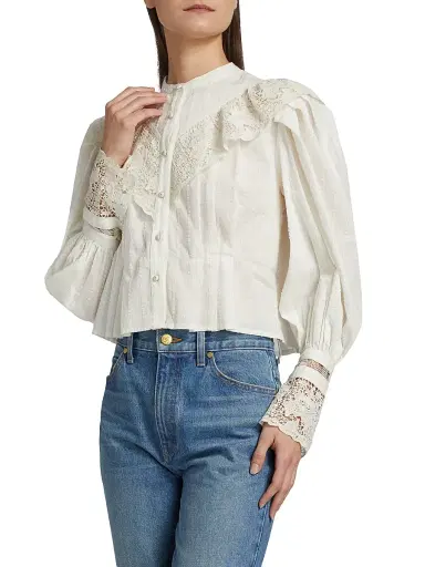 Ulla Johnson Women's Esther Pleated Lace-Trim Cotton Blouse - Pristine | Thumbnail 4 Ulla Johnson Women's Esther Pleated Lace-Trim Cotton Blouse - Pristine | Thumbnail 4