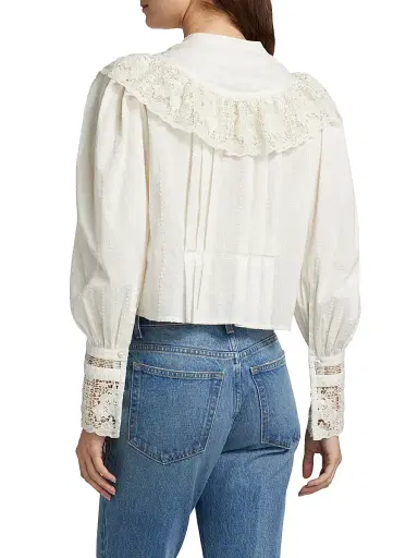 Ulla Johnson Women's Esther Pleated Lace-Trim Cotton Blouse - Pristine | Thumbnail 5 Ulla Johnson Women's Esther Pleated Lace-Trim Cotton Blouse - Pristine | Thumbnail 5