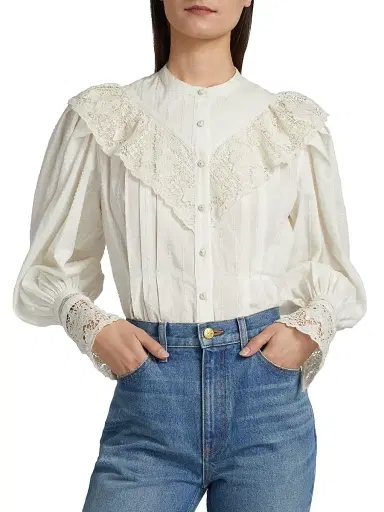 Ulla Johnson Women's Esther Pleated Lace-Trim Cotton Blouse - Pristine | Thumbnail 6 Ulla Johnson Women's Esther Pleated Lace-Trim Cotton Blouse - Pristine | Thumbnail 6
