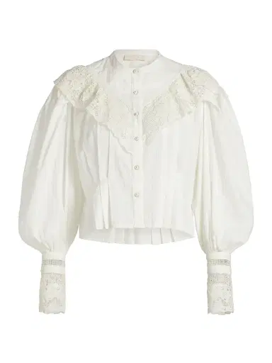 Ulla Johnson Women's Esther Pleated Lace-Trim Cotton Blouse - Pristine | Thumbnail 1 Ulla Johnson Women's Esther Pleated Lace-Trim Cotton Blouse - Pristine | Thumbnail 1