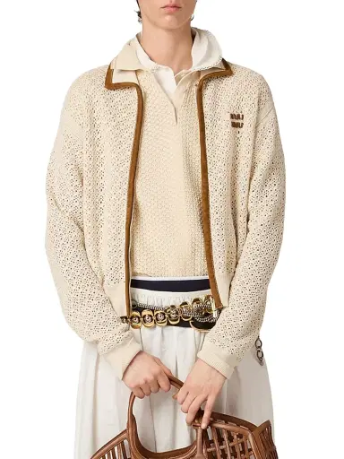 Miu Miu Women's Cotton and Suede Cardigan - Beige Khaki - Size 8 | Thumbnail 2 Miu Miu Women's Cotton and Suede Cardigan - Beige Khaki - Size 8 | Thumbnail 2