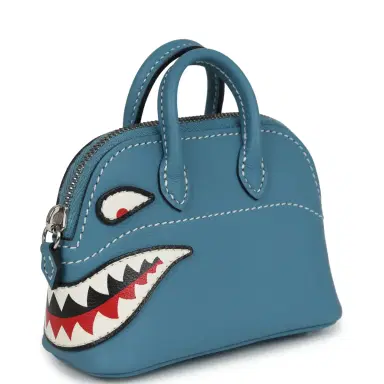 HERMÈS Hermes Mini Bolide Shark Bag Charm Blue Jean, Black and White Swift Palladium Hardware | Thumbnail 2 HERMÈS Hermes Mini Bolide Shark Bag Charm Blue Jean, Black and White Swift Palladium Hardware | Thumbnail 2