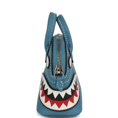HERMÈS Hermes Mini Bolide Shark Bag Charm Blue Jean, Black and White Swift Palladium Hardware | Thumbnail 3 HERMÈS Hermes Mini Bolide Shark Bag Charm Blue Jean, Black and White Swift Palladium Hardware | Thumbnail 3