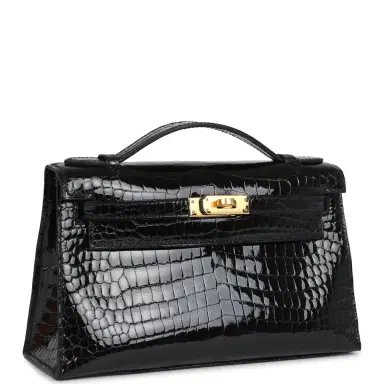 HERMÈS Hermes Kelly Pochette Black Shiny Porosus Crocodile Gold Hardware | Thumbnail 2 HERMÈS Hermes Kelly Pochette Black Shiny Porosus Crocodile Gold Hardware | Thumbnail 2