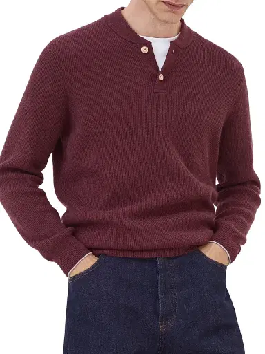 Brunello Cucinelli Men's Cashmere English Rib Sweater with Henley Collar - Amaranth Red | Thumbnail 2 Brunello Cucinelli Men's Cashmere English Rib Sweater with Henley Collar - Amaranth Red | Thumbnail 2