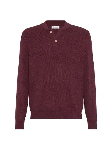 Brunello Cucinelli Men's Cashmere English Rib Sweater with Henley Collar - Amaranth Red | Thumbnail 1 Brunello Cucinelli Men's Cashmere English Rib Sweater with Henley Collar - Amaranth Red | Thumbnail 1