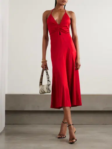 Victoria Beckham Cutout Ruched Satin-jersey Midi Dress | Thumbnail 2 Victoria Beckham Cutout Ruched Satin-jersey Midi Dress | Thumbnail 2