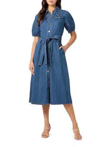 Shoshanna Women's Mara Puff-Sleeve Denim Midi-Shirtdress - Washed Denim | Thumbnail 2 Shoshanna Women's Mara Puff-Sleeve Denim Midi-Shirtdress - Washed Denim | Thumbnail 2