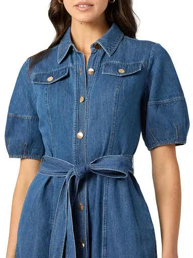 Shoshanna Women's Mara Puff-Sleeve Denim Midi-Shirtdress - Washed Denim | Thumbnail 4 Shoshanna Women's Mara Puff-Sleeve Denim Midi-Shirtdress - Washed Denim | Thumbnail 4