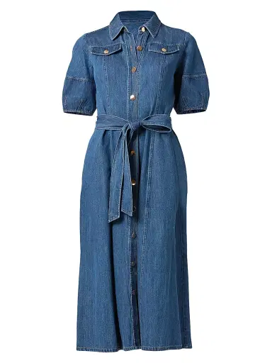 Shoshanna Women's Mara Puff-Sleeve Denim Midi-Shirtdress - Washed Denim | Thumbnail 1 Shoshanna Women's Mara Puff-Sleeve Denim Midi-Shirtdress - Washed Denim | Thumbnail 1