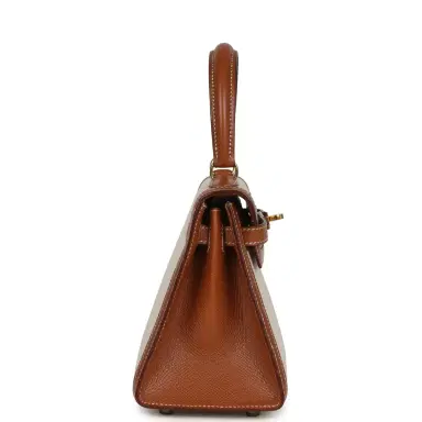 HERMÈS Vintage Hermes Kelly Sellier 20 Gold Courchevel and Ecru-Beige Toile H Canvas Gold Hardware | Thumbnail 2 HERMÈS Vintage Hermes Kelly Sellier 20 Gold Courchevel and Ecru-Beige Toile H Canvas Gold Hardware | Thumbnail 2