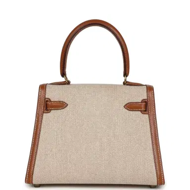 HERMÈS Vintage Hermes Kelly Sellier 20 Gold Courchevel and Ecru-Beige Toile H Canvas Gold Hardware | Thumbnail 3 HERMÈS Vintage Hermes Kelly Sellier 20 Gold Courchevel and Ecru-Beige Toile H Canvas Gold Hardware | Thumbnail 3