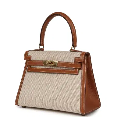 HERMÈS Vintage Hermes Kelly Sellier 20 Gold Courchevel and Ecru-Beige Toile H Canvas Gold Hardware | Thumbnail 4 HERMÈS Vintage Hermes Kelly Sellier 20 Gold Courchevel and Ecru-Beige Toile H Canvas Gold Hardware | Thumbnail 4