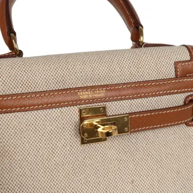 HERMÈS Vintage Hermes Kelly Sellier 20 Gold Courchevel and Ecru-Beige Toile H Canvas Gold Hardware | Thumbnail 6 HERMÈS Vintage Hermes Kelly Sellier 20 Gold Courchevel and Ecru-Beige Toile H Canvas Gold Hardware | Thumbnail 6
