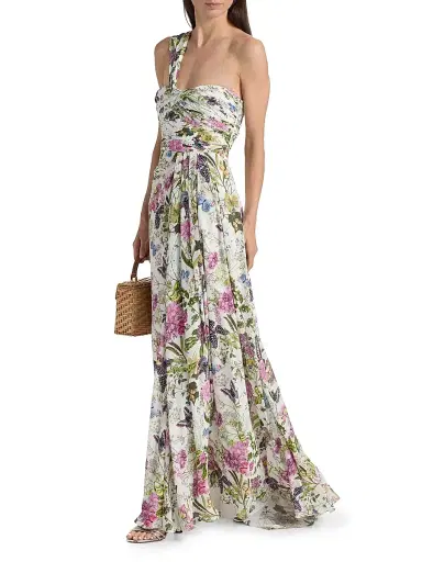 Badgley Mischka Women's Gathered Floral One-Shoulder Gown - White Multi | Thumbnail 2 Badgley Mischka Women's Gathered Floral One-Shoulder Gown - White Multi | Thumbnail 2
