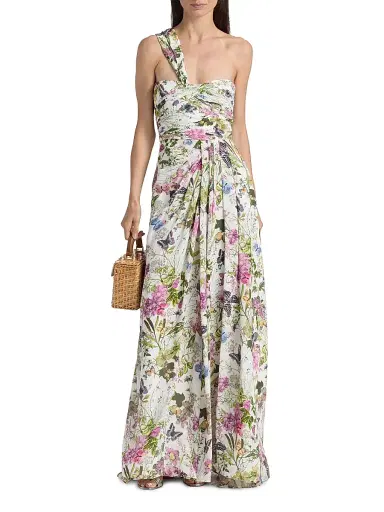 Badgley Mischka Women's Gathered Floral One-Shoulder Gown - White Multi | Thumbnail 3 Badgley Mischka Women's Gathered Floral One-Shoulder Gown - White Multi | Thumbnail 3