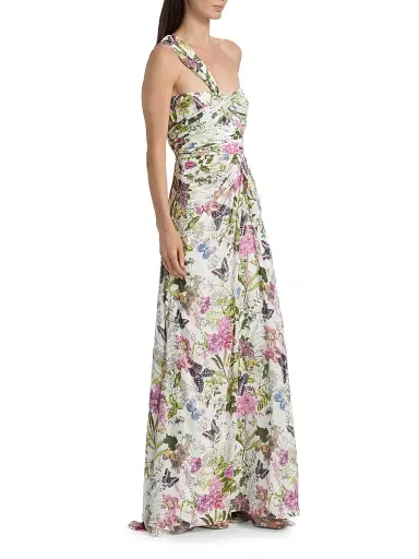 Badgley Mischka Women's Gathered Floral One-Shoulder Gown - White Multi | Thumbnail 4 Badgley Mischka Women's Gathered Floral One-Shoulder Gown - White Multi | Thumbnail 4