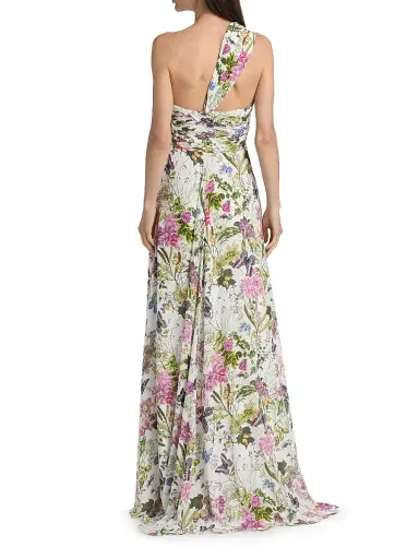 Badgley Mischka Women's Gathered Floral One-Shoulder Gown - White Multi | Thumbnail 5 Badgley Mischka Women's Gathered Floral One-Shoulder Gown - White Multi | Thumbnail 5