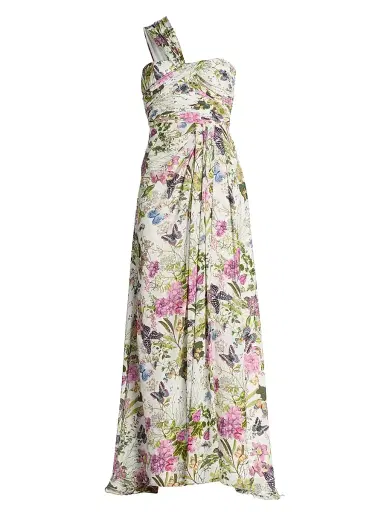 Badgley Mischka Women's Gathered Floral One-Shoulder Gown - White Multi | Thumbnail 1 Badgley Mischka Women's Gathered Floral One-Shoulder Gown - White Multi | Thumbnail 1