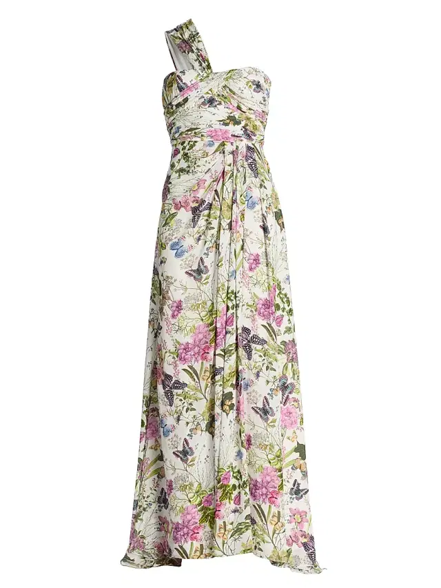 Women's Gathered Floral One-Shoulder Gown - White Multi Women's Gathered Floral One-Shoulder Gown - White Multi