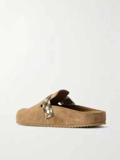 Burberry Urchin Canvas-jacquard Trimmed Textured-suede Clogs | Thumbnail 3 Burberry Urchin Canvas-jacquard Trimmed Textured-suede Clogs | Thumbnail 3