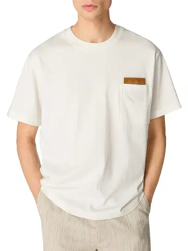 Bottega Veneta Men's Intrecciato Leather-Detailed Cotton Jersey T-Shirt - White | Thumbnail 1 Bottega Veneta Men's Intrecciato Leather-Detailed Cotton Jersey T-Shirt - White | Thumbnail 1