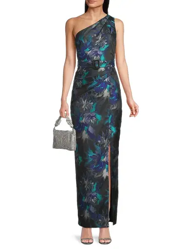 Aidan Mattox Women's Floral Jacquard Belted One-Shoulder Gown - Blue Multi | Thumbnail 2 Aidan Mattox Women's Floral Jacquard Belted One-Shoulder Gown - Blue Multi | Thumbnail 2