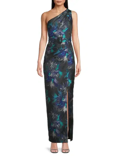 Aidan Mattox Women's Floral Jacquard Belted One-Shoulder Gown - Blue Multi | Thumbnail 3 Aidan Mattox Women's Floral Jacquard Belted One-Shoulder Gown - Blue Multi | Thumbnail 3