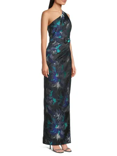 Aidan Mattox Women's Floral Jacquard Belted One-Shoulder Gown - Blue Multi | Thumbnail 4 Aidan Mattox Women's Floral Jacquard Belted One-Shoulder Gown - Blue Multi | Thumbnail 4