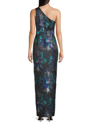Aidan Mattox Women's Floral Jacquard Belted One-Shoulder Gown - Blue Multi | Thumbnail 5 Aidan Mattox Women's Floral Jacquard Belted One-Shoulder Gown - Blue Multi | Thumbnail 5