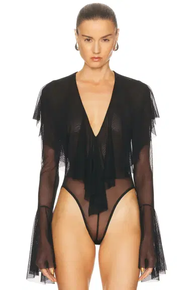 Norma Kamali Long Sleeve Deep V Ruffle Bodysuit | Thumbnail 2 Norma Kamali Long Sleeve Deep V Ruffle Bodysuit | Thumbnail 2