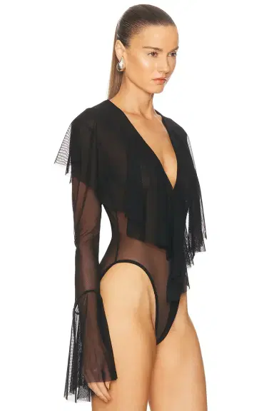 Norma Kamali Long Sleeve Deep V Ruffle Bodysuit | Thumbnail 3 Norma Kamali Long Sleeve Deep V Ruffle Bodysuit | Thumbnail 3